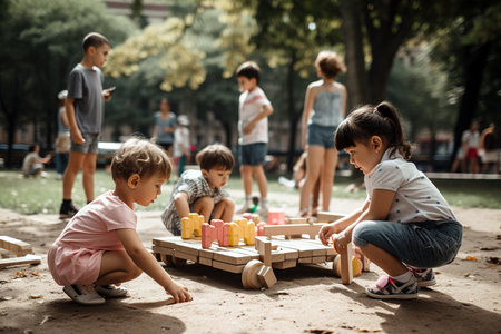 Children playing in playground at the park on a sunny day. Generative AIの素材