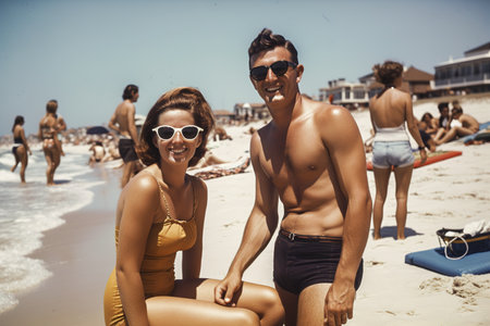 Couple enjoying a summer day at the beach. 1960s vintage photograph. Generative AIの素材