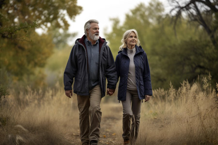 Mature couple walking in wild nature trail. Generative AIの素材