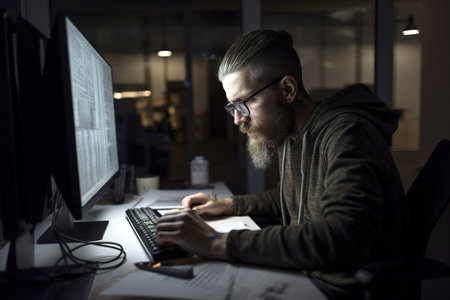 Young adult programmer working on computer at his office at night. Generative AIの素材