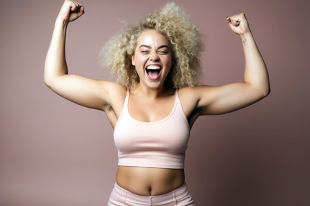 Happy real young woman wearing sportswear celebrating body positivity. Pale pink background. Studio shot. Generative AIの素材