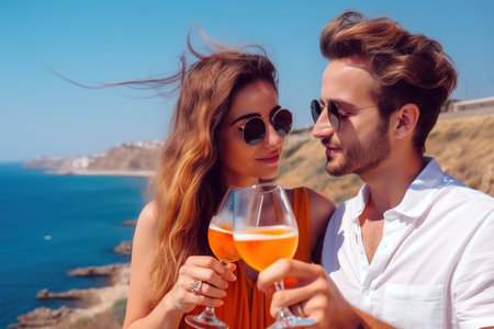 Happy couple drinking Spritz cocktails in the Mediterranean sea on vacations. Generative AIの素材