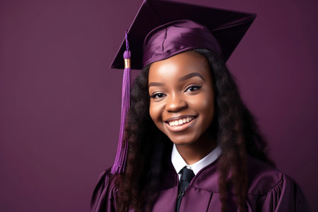 African American girl portrait wearing graduation hat and gown. Purple background studio shot. Generative AIの素材