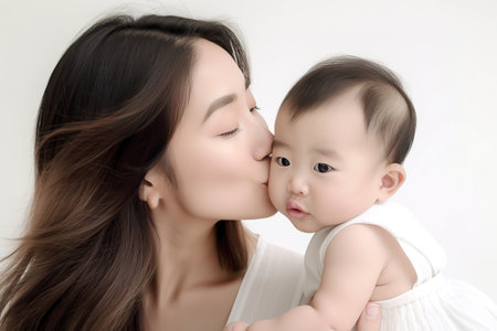 Asian woman mother kissing her little baby over white background. Mother's day concept. Generative AIの素材