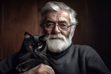 Mature retired man portrait with his black cat. Generative AIの素材