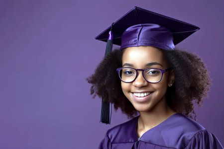Portrait of young African American girl wearing traditional graduation hat and outfit. Purple background studio shot with copy space. Generative AIの素材