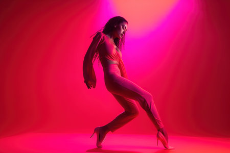 Woman professional dancer performing in high heels over magenta background. Generative AIの素材