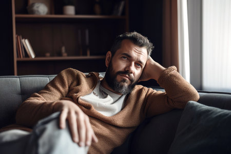 Attractive man resting relaxing on the sofa at home. Generative AIの素材