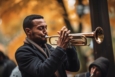 Man playing the trumpet in outdoors festival in autumn. Focus on foreground. Generative AIの素材