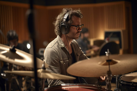 Drummer playing drums in recording studio. Generative AIの素材