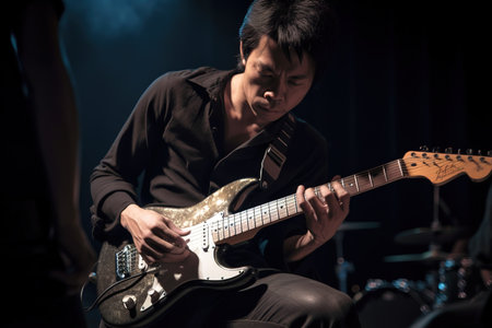 Asian musician playing guitar at rehearsal in theater. Generative AIの素材