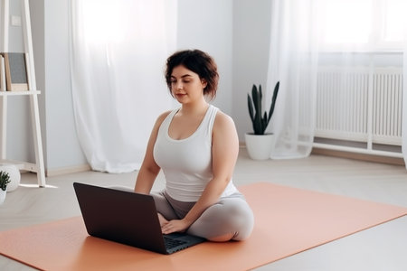 Real woman sitting on mat at home with laptop doing yoga practice. Generative AIの素材