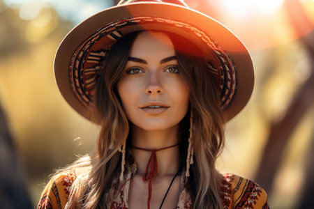 Hippie chic boho style woman portrait. Outdoor background. Generative AIの素材