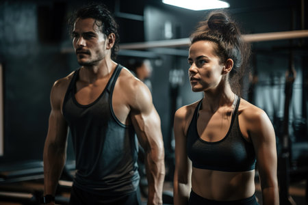 Couple exercising together at the gym. Dark background. Generative AIの素材
