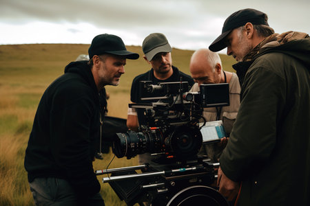 Professional filmmaking team working outdoors. Behind the scenes concept. Generative AIの素材