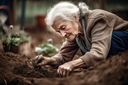 Old woman working on soil in her garden. Close up, focus on foreground shot. Generative AIの素材