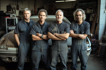 Mechanic automotive shop team work posing looking at camera. Generative AIの素材