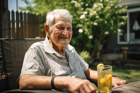 Senior adult man sitting on a chair and drinking lemonade in his backyard. Generative AIの素材