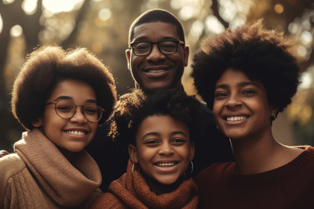 Happy African American family portrait looking at camera in outdoors background. Generative AIの素材