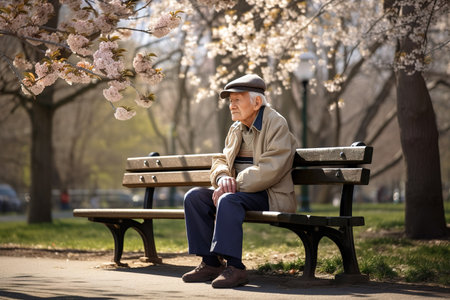 Old man sitting alone on park bench under cherry tree during sunny spring day. Generative AIの素材