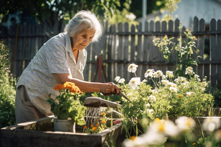 Senior woman taking care of her garden under sunlight. Generative AIの素材
