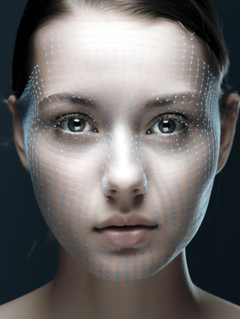 Dot matrix mesh in shape on woman face. Close up face shot. Generative AI vertical illustrationの素材