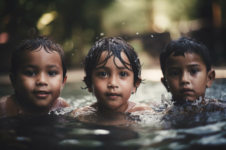 Three Latin American children swimming portrait. Close up shot. Generative AIの素材