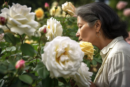 Mature woman smelling rose garden. Generative AIの素材