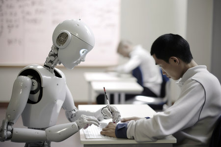 Robot taking exam to human at university. Future technology concept. Generative AIの素材