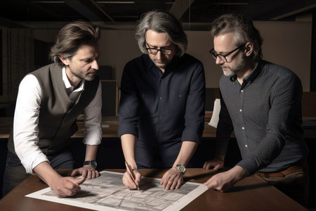 Experienced architects team working on plans in the office. Generative AIの素材
