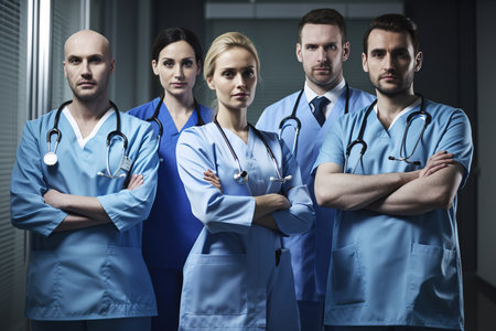 Professional medical team portrait. Posing with uniform looking at camera. Generative AIの素材