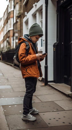 8 year old kid using mobile phone in the street. New generation and technology concept. Generative AI vertical shotの素材