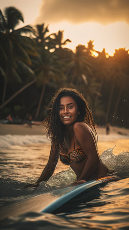 Young Hawaiian woman surfing at sunset. Generative AI vertical shotの素材