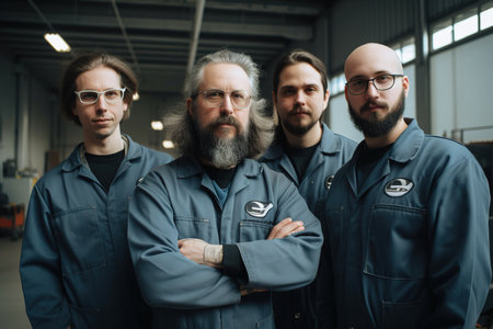 Portrait of group of mechanic engineer posing looking at camera at workplace. Generative AIの素材