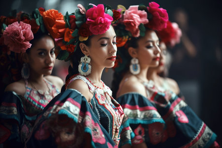 Beautiful Mexican folkloric dancers wearing colorful traditional dresses and hats. Focus on foreground. Generative AIの素材