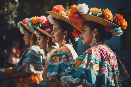 Mexican folkloric dancers wearing colorful traditional costumes. May 5th celebration concept. Generative AIの素材