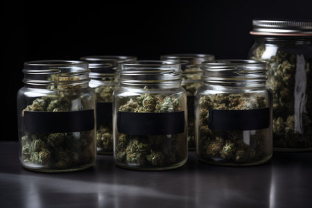 Glass jars full of different varieties of cannabis buds. Generative AIの素材
