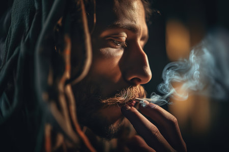 Rastafarian man smoking weed. Close up shot. Medical cannabis concept. Generative AIの素材