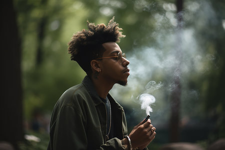 Young African American man smoking cannabis cigarette at the park. Generative AIの素材