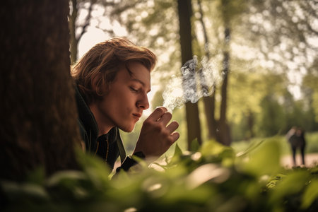 Young Caucasian man smoking pot at the park. Generative AIの素材