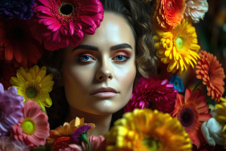 Gorgeous woman modeling among multicolored gerbera flowers. Generative AIの素材
