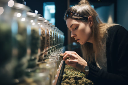 Young woman choosing some cannabis buds from shop. Generative AIの素材