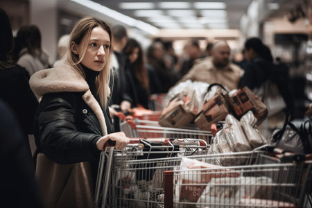 Clearance in the supermarket with crowds of people. Generative AIの素材