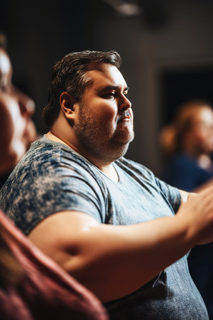 Overweight person taking exercise class at the gym. Generative AI vertical shotの素材