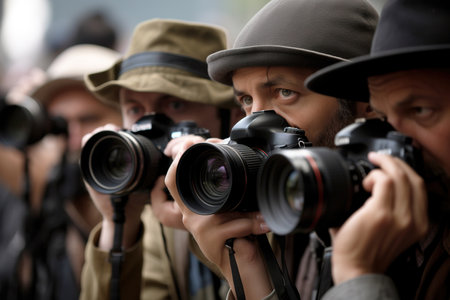 Journalist photographers taking photos in the street. Generative AIの素材