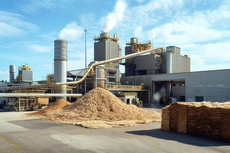 Technology with renewable resources. Factory producing energy with wood. Generative AIの素材
