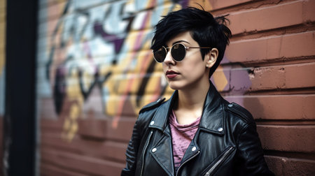 Short hair woman with style wearing leather jacket and sunglasses at street alley. Generative AIの素材