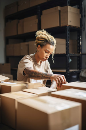 Young woman packing in carboard boxes in warehouse. Logistics industry. Generative AI vertical shotの素材