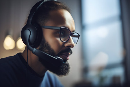 Costumer service man wearing headset and microphone at work. Close yup face shot. Generative AIの素材