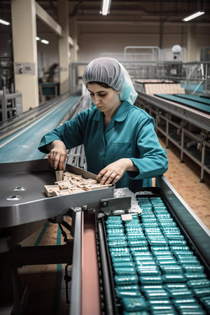 Woman cleaning production line in factory. Generative AI vertical shotの素材